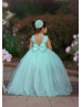 Beaded Mint Green Satin Tulle High Low Flower Girl Dress